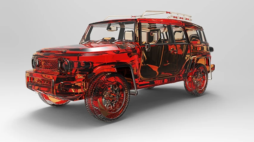 a red jeep with a surfboard on top of it, a 3D render, trending on zbrush central, auto-destructive art, transparent carapace, samurai vinyl wrap, hyper-maximalist, the ugliest car in the world