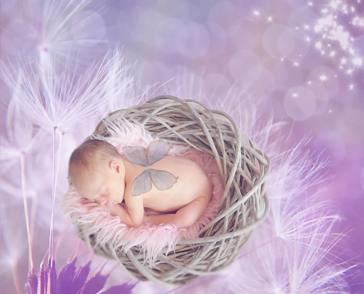 a baby sleeping in a nest surrounded by dandelions, pixabay contest winner, digital art, light purple mist, swarovski, with soft pink colors, high quality fantasy stock photo