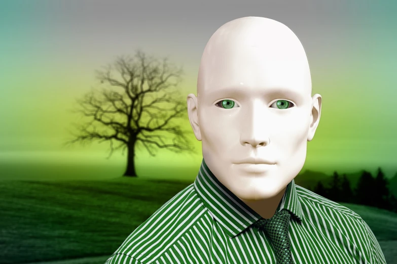 a man in a green shirt with a tree in the background, digital art, surrealism, on a mannequin. high resolution, porcelain white face, an ai generated image, bald head and menacing look