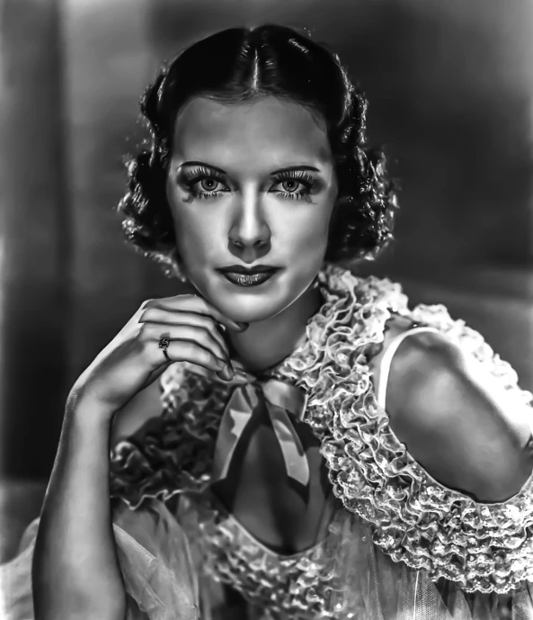 a black and white photo of a woman, a portrait, inspired by George Hurrell, flickr, art deco, detailed studio photograph, taken in the early 2020s, mary louise brooks is half robot, square