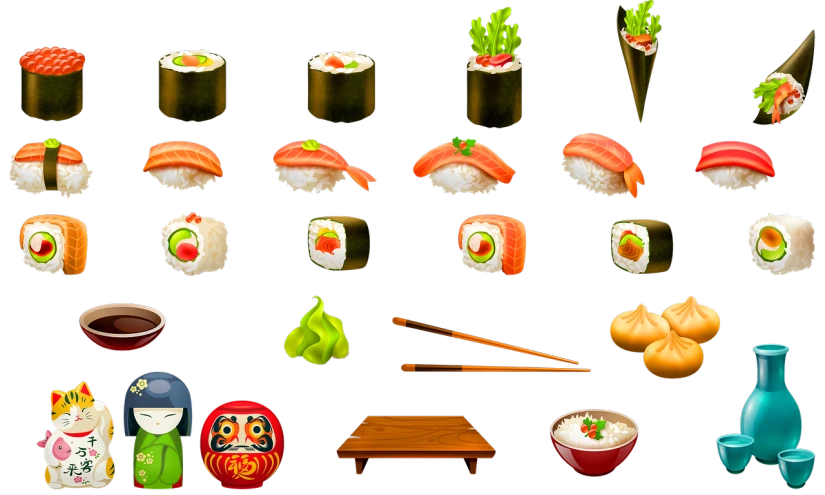 a variety of sushi on a black background, inspired by Shūbun Tenshō, trending on polycount, icon pack, 3 2 x 3 2, thumbnail, 9 k