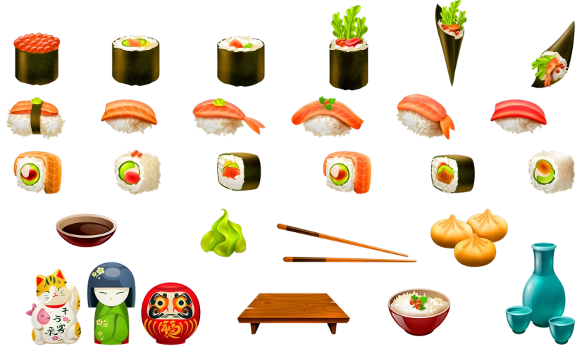 a variety of sushi on a black background, inspired by Shūbun Tenshō, trending on polycount, icon pack, 3 2 x 3 2, thumbnail, 9 k