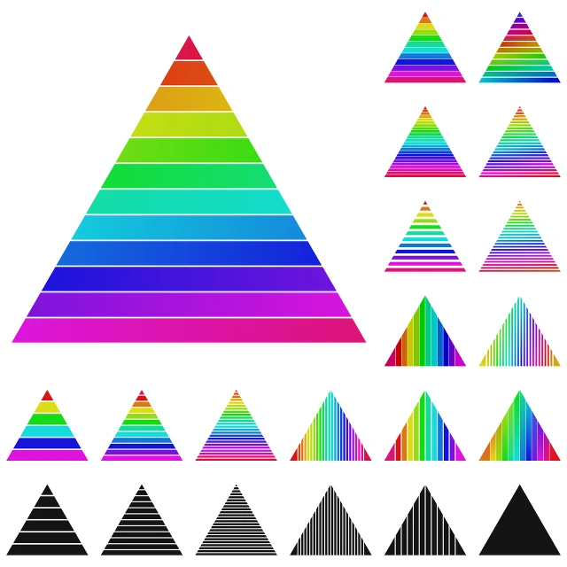 a number of different colored triangles on a white background, an illustration of, rainbow neon strips, levels, half image, chromatic material