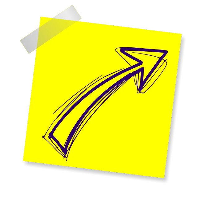 a yellow piece of paper with an arrow drawn on it, a picture, trending on pixabay, conceptual art, square sticker, yellow purple, bended forward, fluorescent