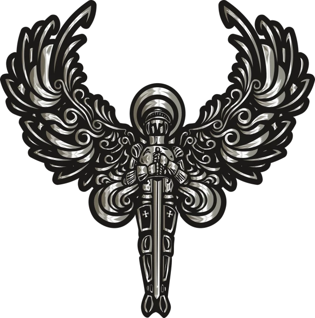 a cross with wings on a black background, vector art, inspired by Giger, the rider carries a large sword, with sleek silver metal armor, fantasy sticker illustration, high detail illustration