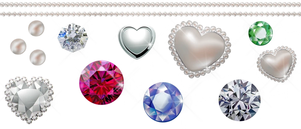 a bunch of different colored diamonds on a black background, trending on pixabay, digital art, pearls and chains, several hearts, silver red white details, no gradients