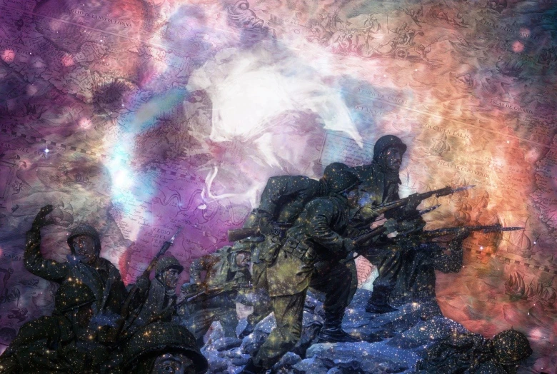 a painting of a group of soldiers on top of a mountain, digital art, by Relja Penezic, tumblr, digital art, psychedelic dust, a contemporary artistic collage, fighting in world war 2, detail shot