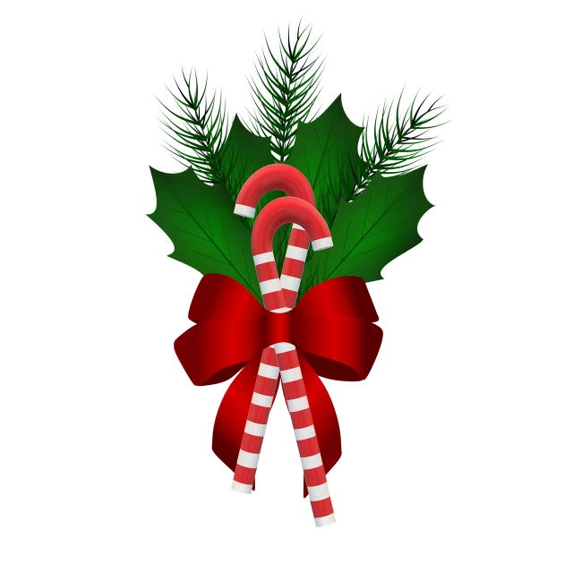 a candy cane tied to a red and white ribbon, a digital rendering, sōsaku hanga, evergreen branches, on a flat color black background, bouquet, hay