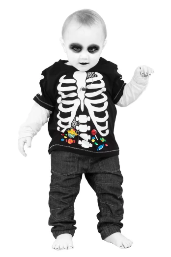 a baby dressed up in a skeleton costume, by Joe Bowler, lowbrow, eminem as a m & m candy, x - ray black and white, graphic tees, edited in photoshop