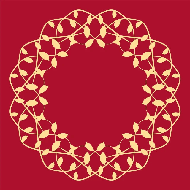 a circular design with leaves on a red background, vector art, inspired by Katsushika Ōi, golden lace pattern, elegant!!, decorative frame, symmetry illustration