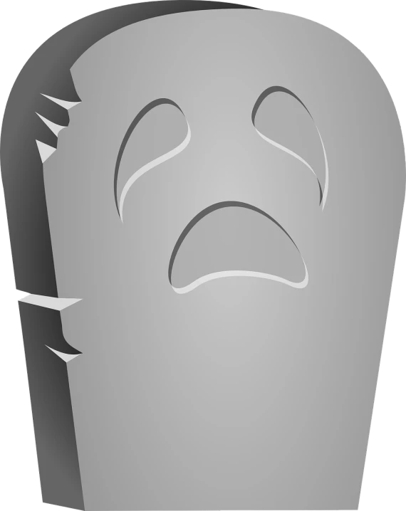 a tombstone with a sad face on it, an ambient occlusion render, pixabay, plasticien, someone is screaming, cartoon face, halloween ghost under a sheet, gray anthropomorphic