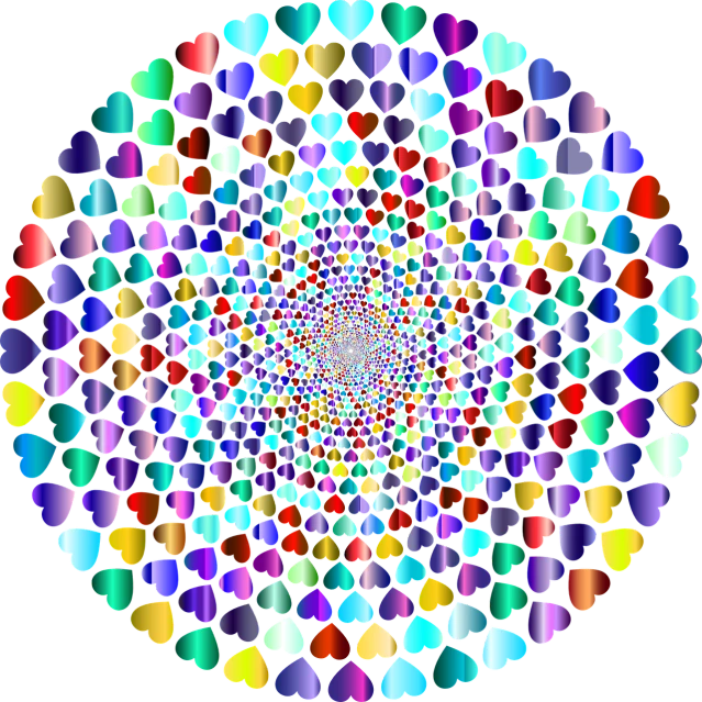 multicolored hearts arranged in a circle on a black background, a raytraced image, by Jon Coffelt, computer art, lsd waves, bejeweled, mc escher tessellation, fibonacci rhythm