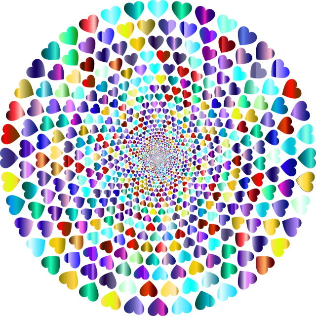 multicolored hearts arranged in a circle on a black background, a raytraced image, by Jon Coffelt, computer art, lsd waves, bejeweled, mc escher tessellation, fibonacci rhythm