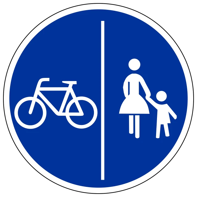 a blue sign with a picture of a woman and a bicycle, pixabay, boy and girl, pedestrians, created in adobe illustrator, round
