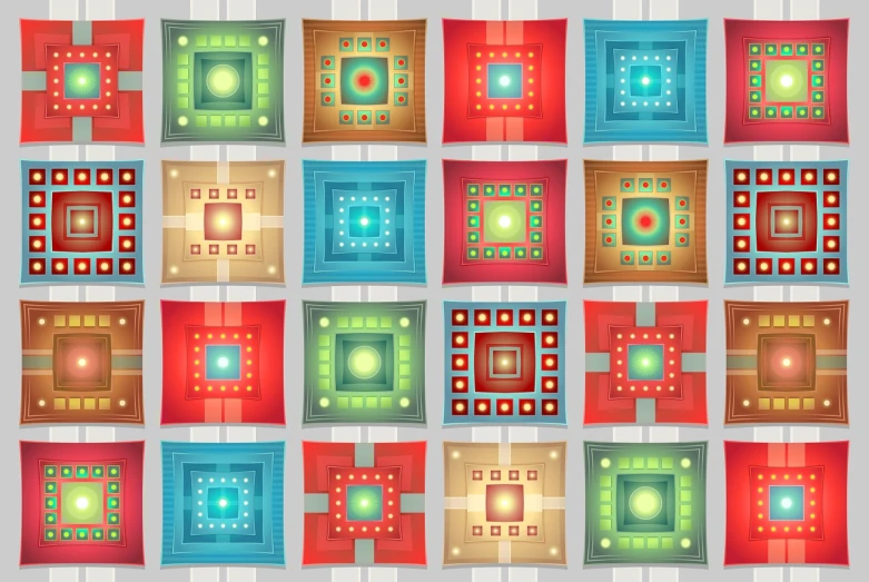 a bunch of different colored squares on a wall, inspired by Fernando Gerassi, trending on polycount, geometric abstract art, tapestries hanging from ceiling, symmetric ornaments, lamps, seamless pattern design