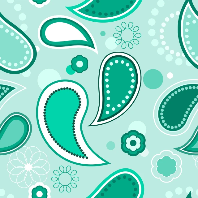 a pattern of paisleys and flowers on a blue background, vector art, seafoam green, smooth and clean vector curves, seamless, leaf