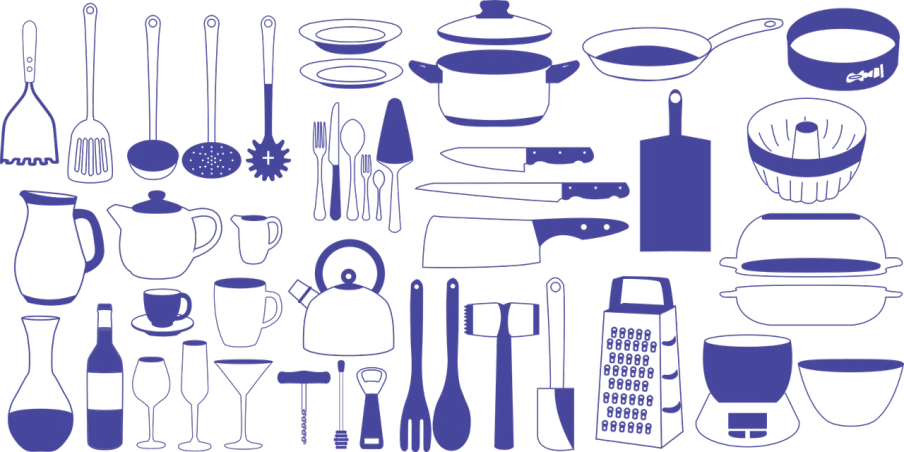 a collection of kitchen utensils and cooking utensils, a portrait, by Andrei Kolkoutine, flickr, black and blue and purple scheme, nighttime!!, blue print, shag