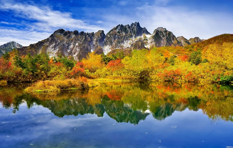 a body of water with a mountain in the background, a picture, by Simon Gaon, shutterstock, colorful leaves, 4 k vertical wallpaper, mirror reflection, taiwan