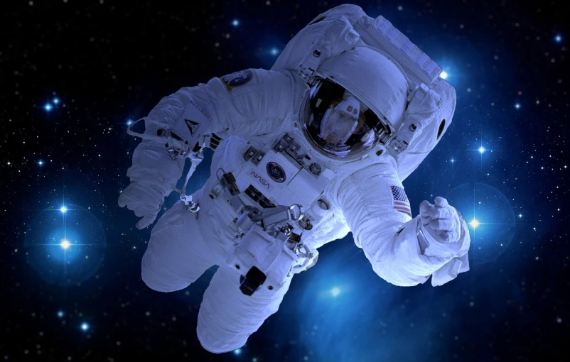 an astronaut floating in space with stars in the background, a portrait, realistic photo from nasa, istockphoto, 2000s photo