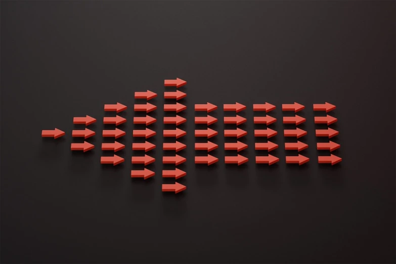 a group of red arrows on a black surface, digital art, trending on polycount, graph signals, miniature product photo, in rows, cone