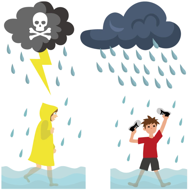 a couple of people that are standing in the water, concept art, pixabay, conceptual art, icon for weather app, battle of good versus evil, cartoon style illustration, dark atmosphere illustration