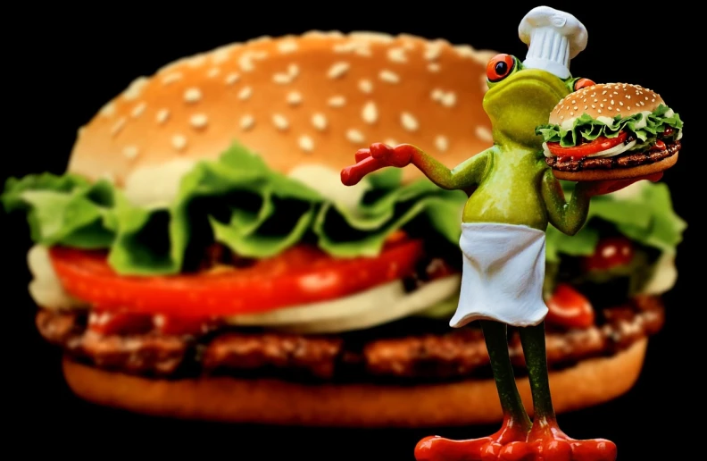 a figurine of a chef holding a hamburger, a picture, by Koloman Sokol, pexels, realism, alien frog, animation still, restaurant menu photo, pc wallpaper