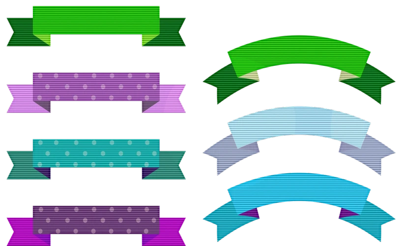 a bunch of different colored ribbons on a black background, a digital rendering, inspired by Masamitsu Ōta, spritesheet, purple green color scheme, polka dot, banners