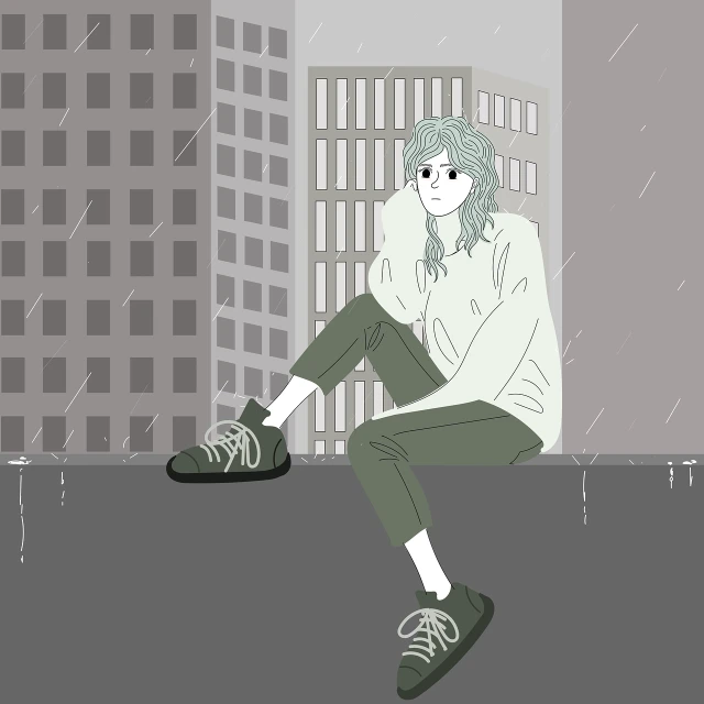 a woman sitting on a ledge in the rain, an anime drawing, inspired by Rei Kamoi, cartoon style illustration, street clothes, cel illustration, gray color
