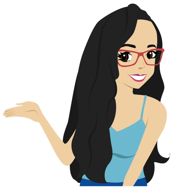 a woman with glasses holding out her hand, an illustration of, inspired by helen huang, shutterstock, long free black straight hair, cartoon style illustration, on a flat color black background, wikihow illustration