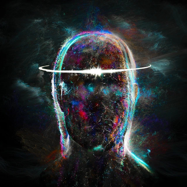 a digital painting of a man with a halo on his head, abstract illusionism, cosmic energy wires, electric brainstorm, tragedy of the mind - driven, infini - d - render