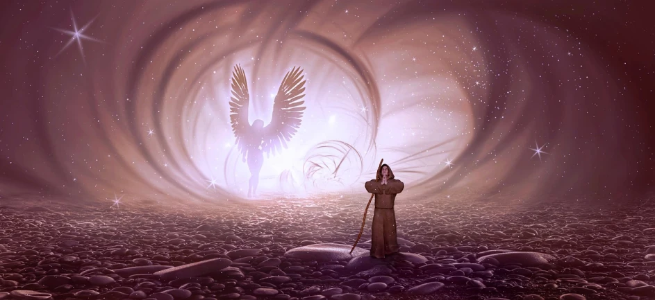 a man standing in the middle of a field of rocks, by Juliusz Kossak, pixabay contest winner, fantasy art, big white glowing wings, npc with a saint\'s halo, standing in a maelstrom, gateway to another universe