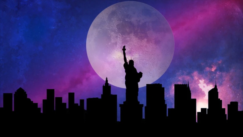 the statue of liberty stands in front of a full moon, digital art, by John Luke, pexels contest winner, digital art, hero pose colorful city lighting, manhattan, apartment building on the moon, saturn in the sky