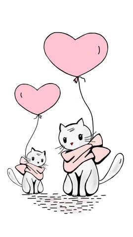 a drawing of a cat holding a heart shaped balloon, by Pamela Drew, pixabay, white and pink, cute kittens, bows, with a white background
