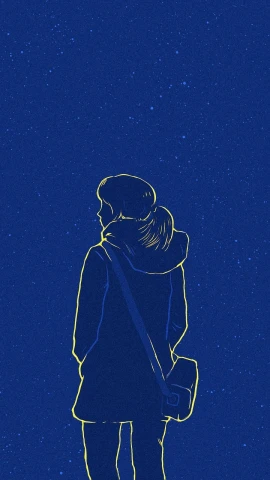 a person standing on top of a snow covered slope, poster art, inspired by Alena Aenami, trending on pexels, digital art, portrait of max caulfield, blue and yellow color theme, line sketch, star(sky) starry_sky