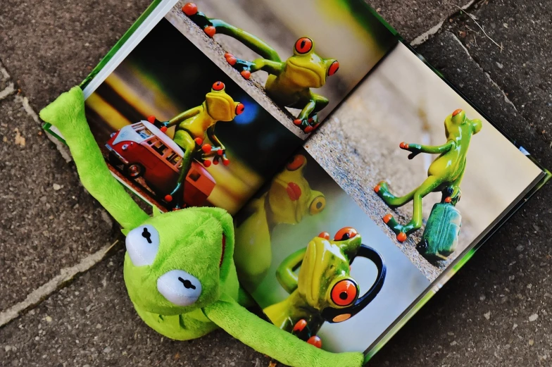 a stuffed frog laying on the ground next to a book, a picture, inspired by Károly Brocky, kermit driving a car, super detailed image, album photo, jumping flying and eating frogs