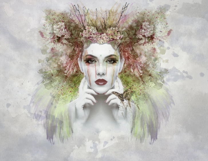 a digital painting of a woman with flowers in her hair, a fine art painting, fantasy art, mixed media style illustration, stunning 3d render of a fairy, coy expression wearing intricate, covered in moss and birds