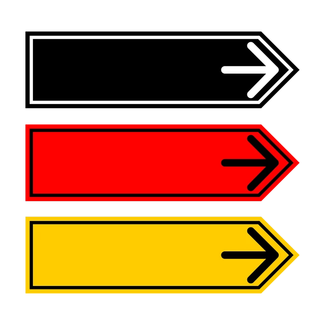 three arrows pointing in different directions on a black background, vector art, de stijl, red yellow flag, german, automotive, label