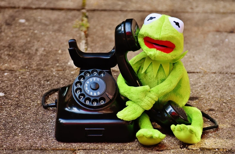 a close up of a stuffed animal on a phone, by Matthias Stom, pexels, mr. bean depicted as a muppet, peepo the frog!!!, telephone, 188216907