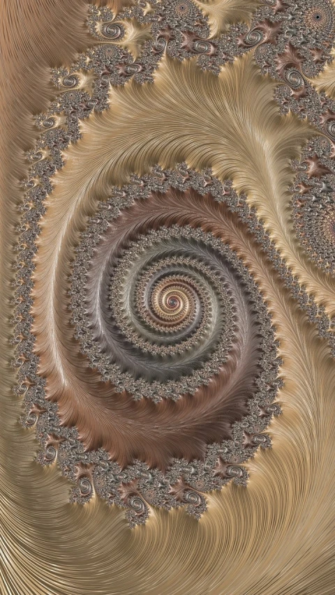 a computer generated image of a spiral design, a microscopic photo, inspired by Benoit B. Mandelbrot, generative art, natural earth tone colors, fractal lace, silver and muted colors, ornate giger background