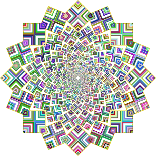 a multicolored flower on a black background, digital art, inspired by Victor Vasarely, sharp geometrical squares, pulled into the spiral vortex, giant lotus mandala, sequences