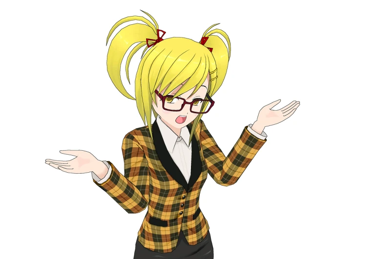 a woman wearing glasses and a plaid jacket, a digital rendering, inspired by Un'ichi Hiratsuka, pixiv, shrugging arms, yellow hair, ( ( ( ( 3 d render ) ) ) ), maya fey from ace attorney