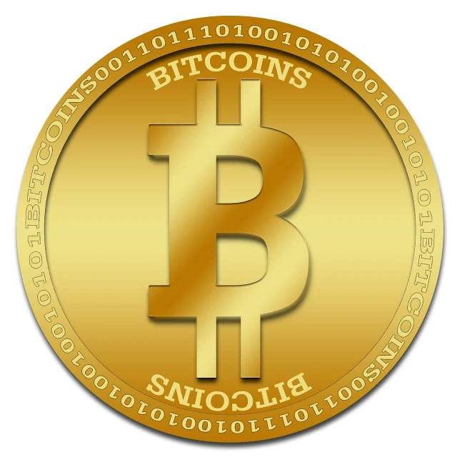 a gold coin with a bitcoins symbol on it, by Charles Billich, computer art, with a white background, from wikipedia, big!!!!!!!!!!!!, けもの