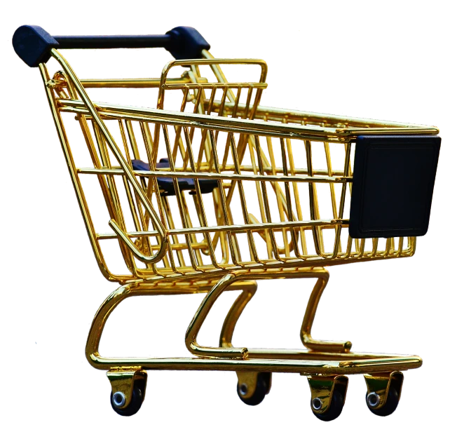 a gold shopping cart on a black background, by Tom Carapic, pexels, isolated on white background, enhanced photo, 3 dimensional, shiny