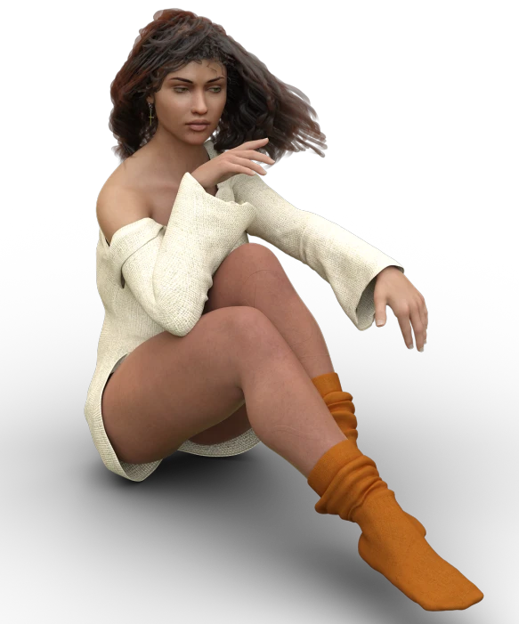 a woman that is sitting down with her legs crossed, a 3D render, inspired by Esaias Boursse, wearing a sweater, alluring mesmer woman, dynamic extreme foreshortening, latina
