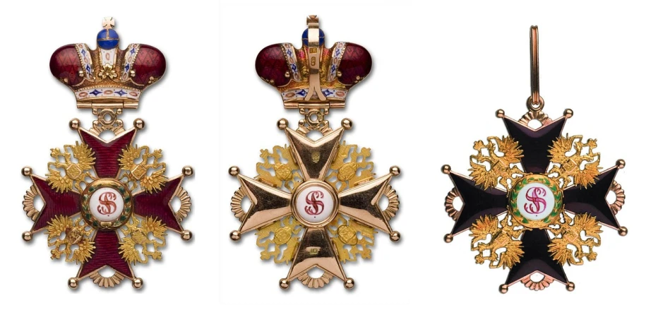 a close up of three medals on a white background, concept art, inspired by György Rózsahegyi, cg society, baroque, presidential cross, seven stars in right hand, enamel, seen from straight above