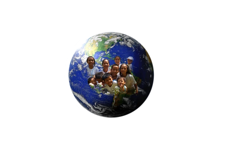 a group of children standing in front of a globe, a picture, hurufiyya, on clear background, biological photo, an indonesian family portrait, blue marble