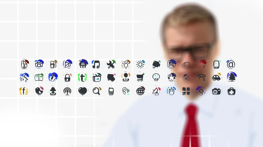 a man in a blue shirt and red tie, a stock photo, trending on pixabay, computer art, icon pack, future coder looking on, background in blurred, some glints and specs