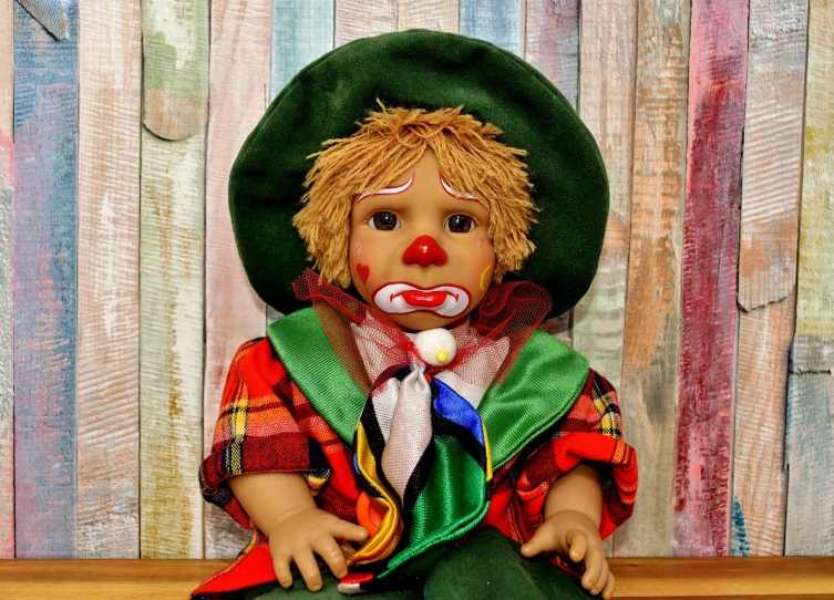 a doll sitting on top of a wooden table, inspired by Bernd Fasching, fine art, super detailed image, realistic clown makeup, cowboy, innocent look. rich vivid colors