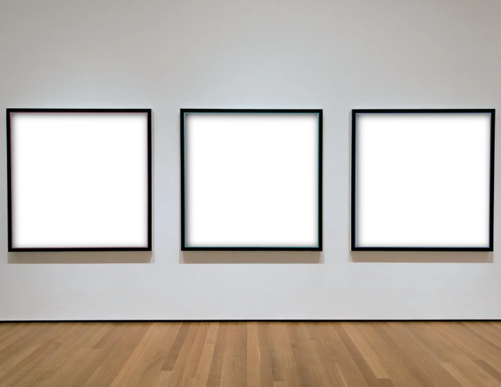 three black square paintings on a white wall, by Barnett Newman, visual art, mystic hue, chalk, photo courtesy museum of art, digital screens on the walls
