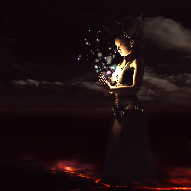 a woman in a long dress holding a cell phone, digital art, inspired by Ai-Mitsu, fantasy art, surreal lighting, holding spell book, emitting spore clouds, photo render